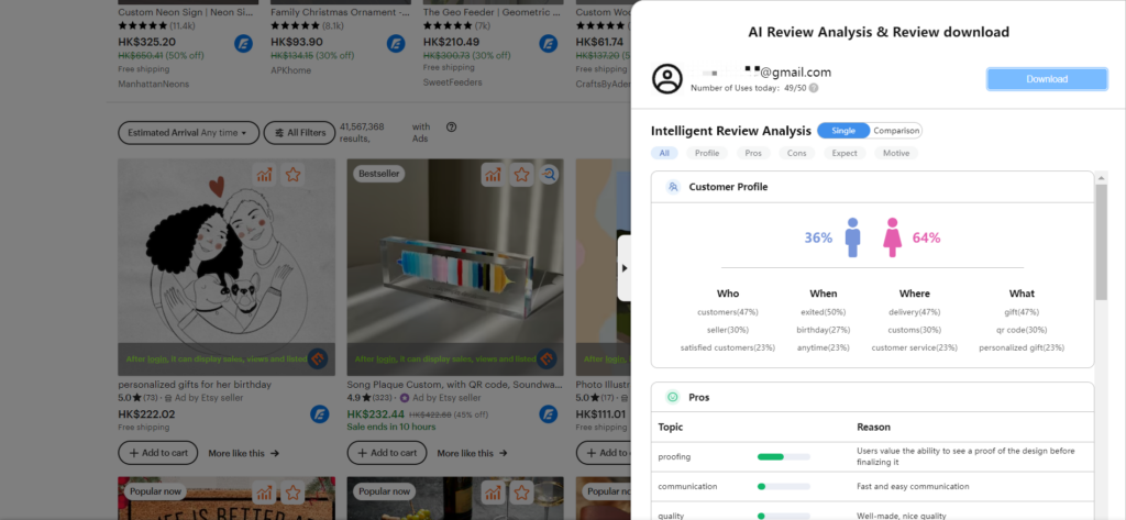 etsy ai reviews analysis&download tool
